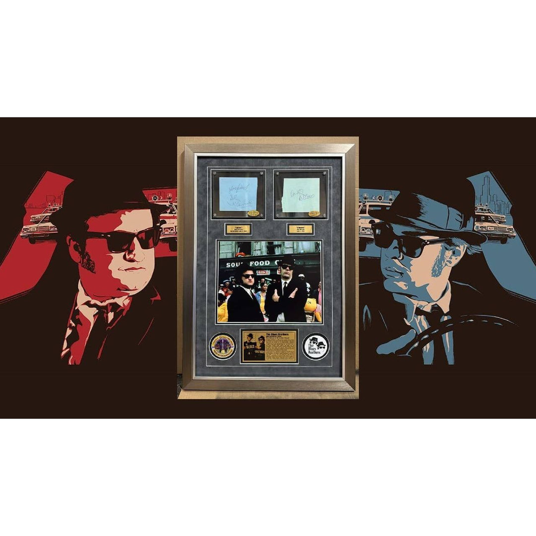 The Blues Brothers Dan Akroyd & John Belushi autograph book page signed with proof & museum quality frame with plexi 25x35.