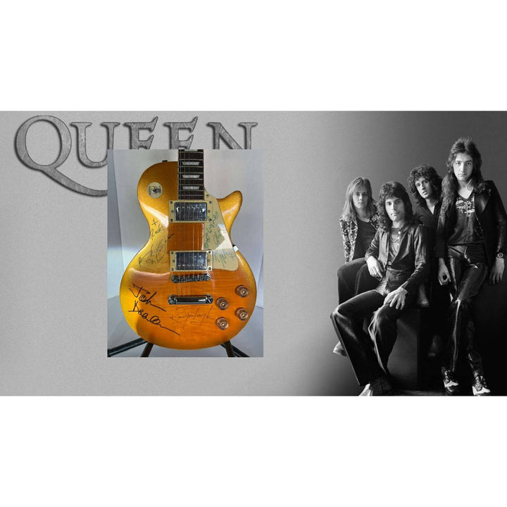 Queen Freddie Mercury, Brian May, Roger Taylor, John Deacon gold Les Paul electric guitar signed with proof