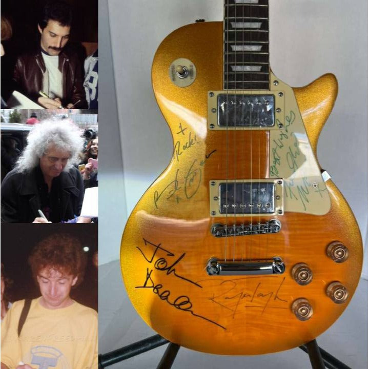 Queen Freddie Mercury, Brian May, Roger Taylor, John Deacon gold Les Paul electric guitar signed with proof