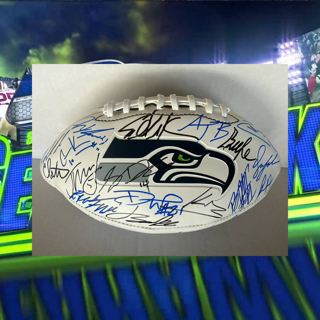 Seattle Seahawks 2025-26 Super Bowl Champs team signed 45 players Sam Darnold, Keneth Walker 111, Jaxson Smith- Njigba. Cooper Kupp full size logo football signed with photo proof full provenance & CHAT GPT Authentication analysis - AA09260234 - image 1