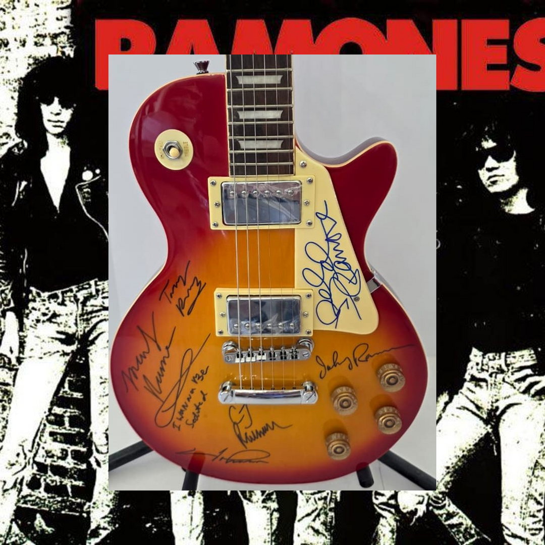 The Ramones Joey Ramone, Marky Ramone, Richie Ramone, C.J. Ramone, Tommy Ramone and Dee Dee Ramone vintage cherry les paul electric guitar signed with photo proof and full provenance & CHAT GPT Authentication analysis - AA0926069 - image 1