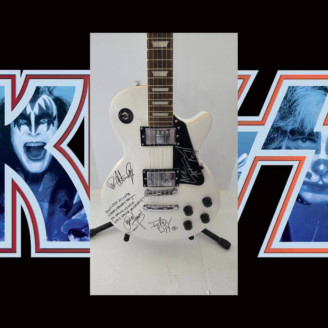 Kiss Gene Simmons, Peter Criss, Paul Stanley and Ace Frehley vintage white full size Glen Burton Les Paul-style electric guitar with inscription signed with proof and full provenance & CHAT GPT Authentication analysis - AA0926076 - image 1