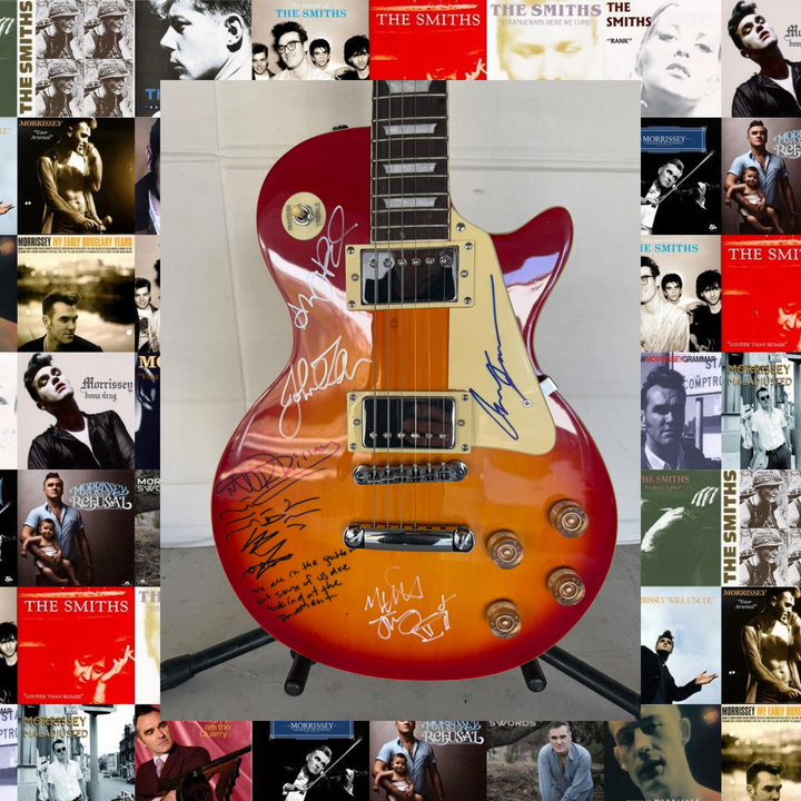 The Smiths Morrisey with sketch and lyrics, Johnny Marr, Andy Rourke, Mike Joyce vintage cherry les paul electric guitar signed with photo proof and full provenance & CHAT GPT Authentication analysis - AA09260250 - image 1