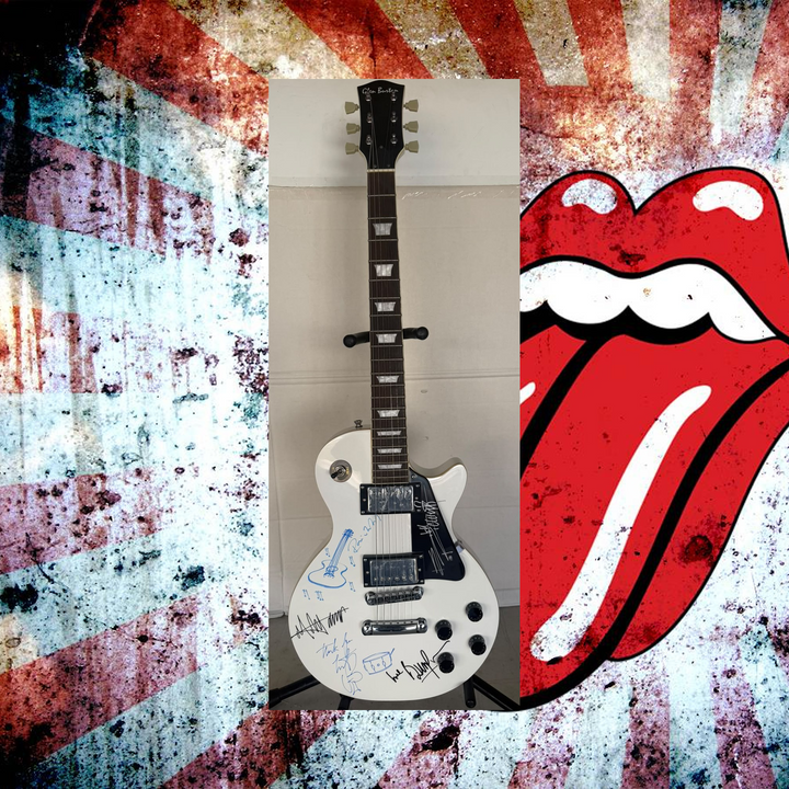 Rolling Stones Mick Jagger, Keith Richards, Bill Wyman, Charlie Watts & Ronnie Wood white vintage les paul signed with photo proof and full provenance & CHAT GPT Authentication analysis - AA09260257 - image 1