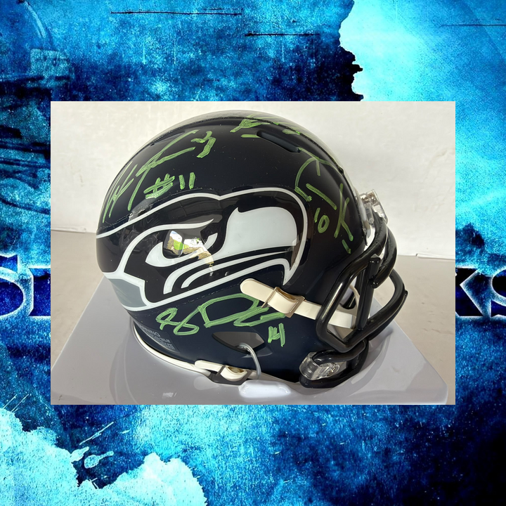 Seattle Seahawks Keneth Walker 111, Sam Darnold, Jaxson Smith- Njigba, Cooper Kupp Riddell mini helmet signed with photo proof full provenance & CHAT GPT Authentication analysis - AA09260235 - image 1