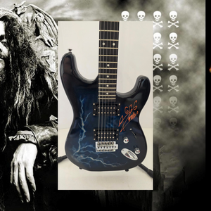 Rob Zombie full size black Lightning electric guitar signed with proof and full provenance & CHAT GPT Authentication analysis