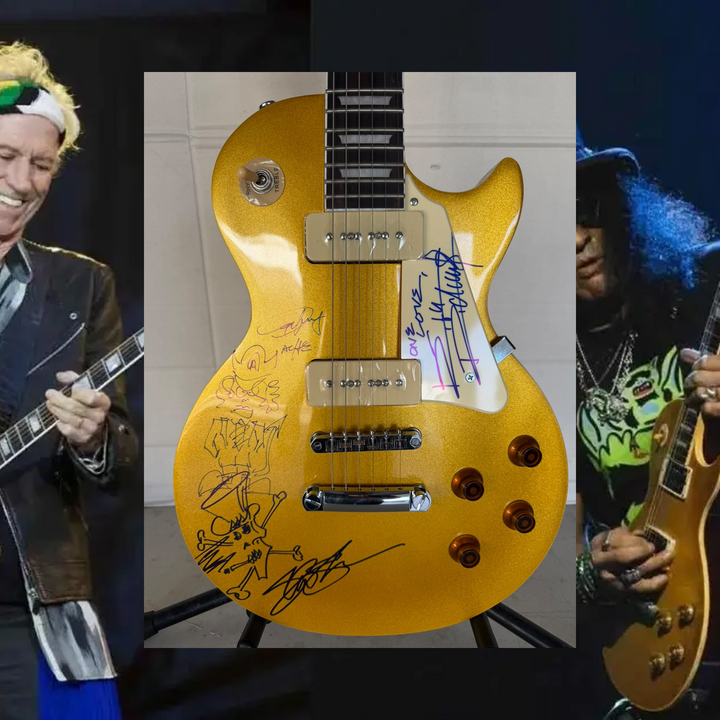 Angus Young Slash Keith Richards vintage gold les paul electric guitar signed with photo proof and full provenance & CHAT GPT Authentication analysis - AA09260248 - image 1