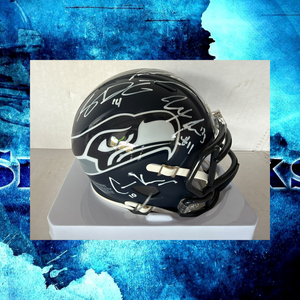 Seattle Seahawks Keneth Walker 111, Sam Darnold, Jaxson Smith- Njigba, Cooper Kupp Riddell mini helmet signed with photo proof full provenance & CHAT GPT Authentication analysis