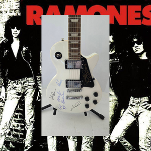 The Ramones Joey Ramone, Johnny Ramone, Dee Dee Ramone, Marky Ramone, C.J. Ramone and Tommy Ramone vintage white full size Glen Burton Les Paul-style electric guitar signed with proof and full provenance & CHAT GPT Authentication analysis