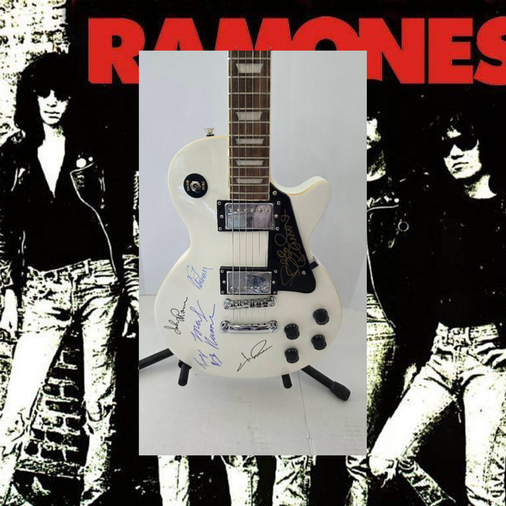 The Ramones Joey Ramone, Johnny Ramone, Dee Dee Ramone, Marky Ramone, C.J. Ramone and Tommy Ramone vintage white full size Glen Burton Les Paul-style electric guitar signed with proof and full provenance & CHAT GPT Authentication analysis - AA0926070 - image 1