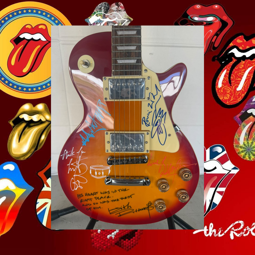 Rolling Stones Mick Jagger, Keith Richards, Bill Wyman, Charlie Watts & Ronnie Wood cherry les paul electric guitar signed with photo proof and full provenance & CHAT GPT Authentication analysis - AA09260246 - image 1