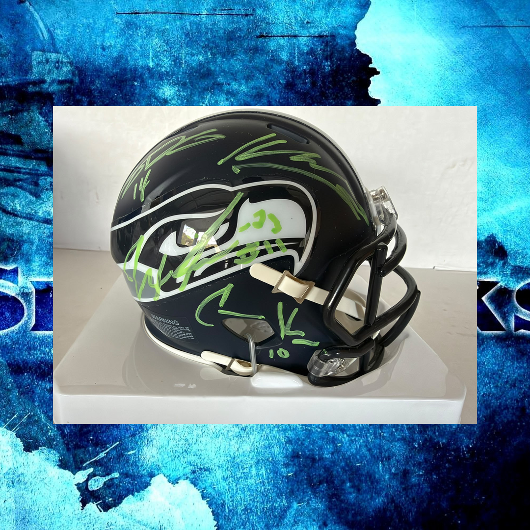 Seattle Seahawks Keneth Walker 111, Sam Darnold, Jaxson Smith- Njigba, Cooper Kupp Riddell mini helmet signed with photo proof full provenance & CHAT GPT Authentication analysis - AA09260236 - image 1