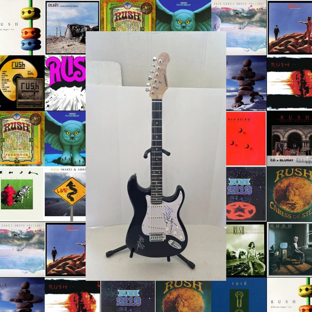 Rush Neil Peart, Geddy Lee and Alex Lifeson black Stratocaster full size electric guitar signed with proof and full provenance & CHAT GPT Authentication analysis - AA09260193 - image 1