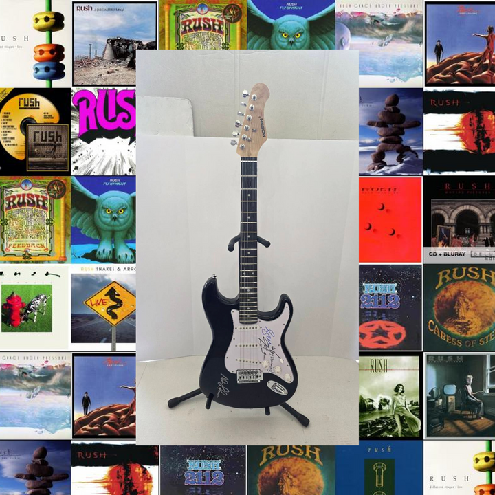 Rush Neil Peart, Geddy Lee and Alex Lifeson black Stratocaster full size electric guitar signed with proof and full provenance & CHAT GPT Authentication analysis - AA09260193 - image 1
