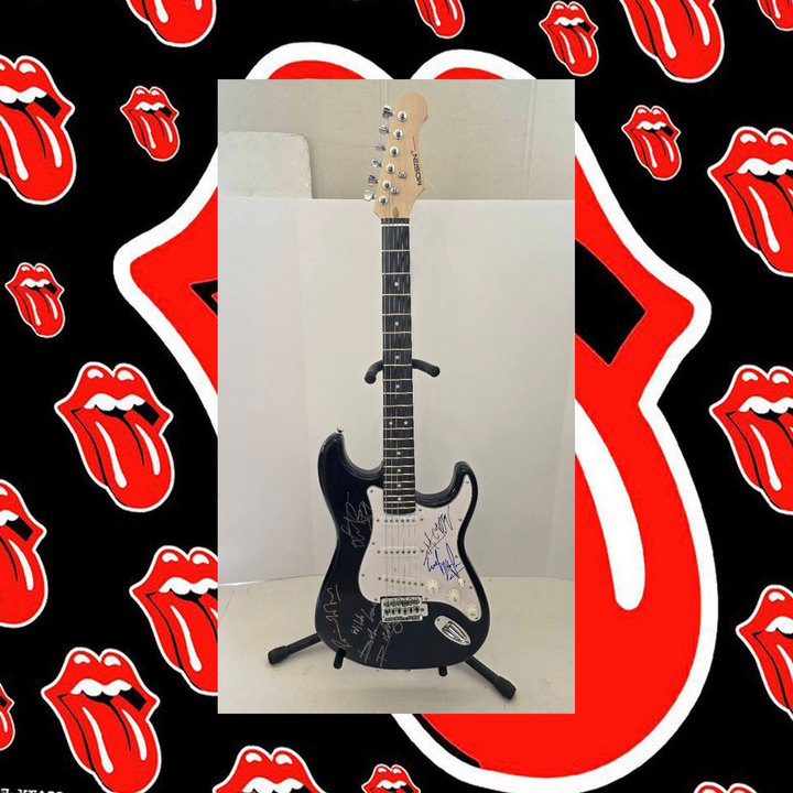 Rolling Stones Mick Jagger, Bill Wyman, Keith Richards, Ronnie Wood and Charlie Watts black Stratocaster full size electric guitar signed with proof and full provenance & CHAT GPT Authentication analysis - AA09260191 - image 1