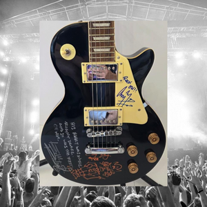 Jimmy Page "Rock On", Angus Young with sketch, Keith Richards vintage Black les paul electric guitar signed with photo proof and full provenance & CHAT GPT Authentication analysis