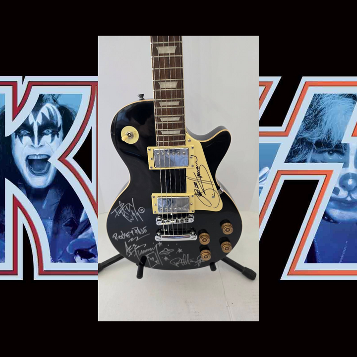 Kiss Gene Simmons, Peter Criss, Paul Stanley and Ace Frehley vintage black full size Glen Burton Les Paul-style electric guitar with sketches signed with proof and full provenance & CHAT GPT Authentication analysis - AA0926075 - image 1