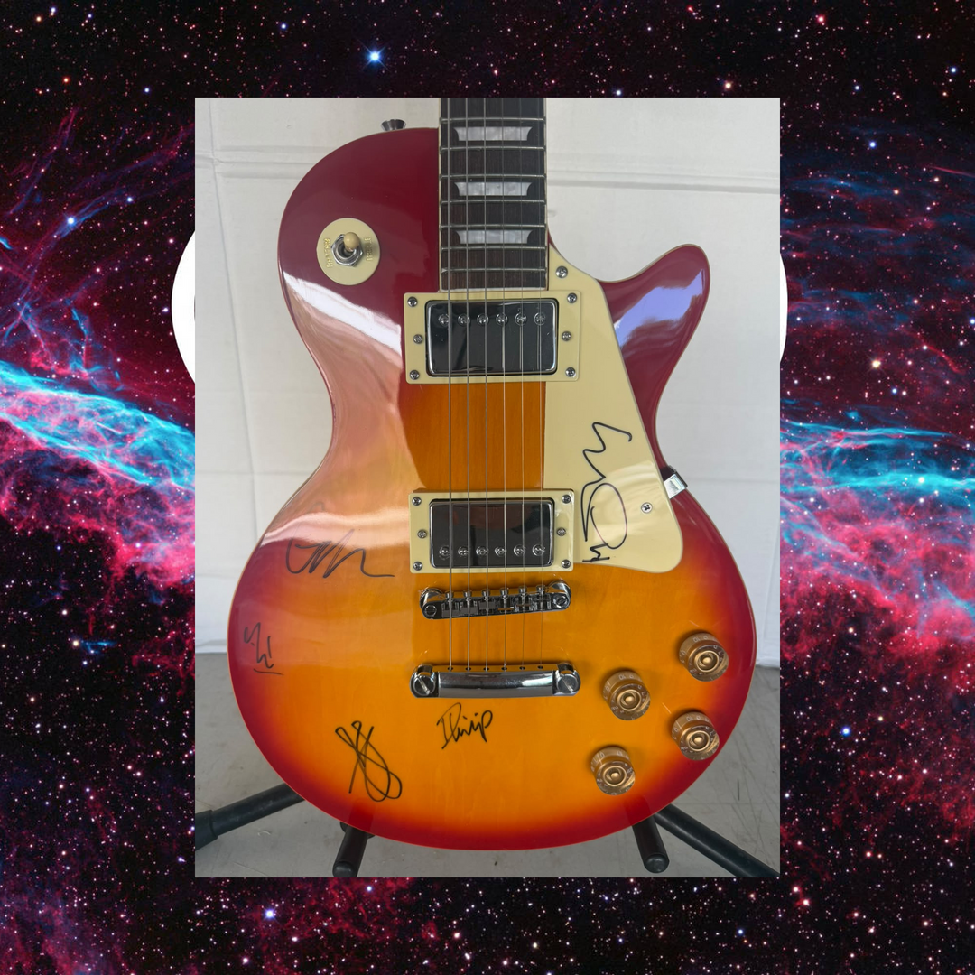 Radiohead Thom Yorke, Ed O'Brien, Philip Selway, Jonny & Colin Greenwood vintage cherry les paul electric guitar signed with photo proof and full provenance & CHAT GPT Authentication analysis - AA09260254 - image 1