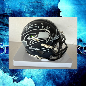 Seattle Seahawks Keneth Walker 111, Sam Darnold, Jaxson Smith- Njigba, Cooper Kupp Riddell mini helmet signed with photo proof full provenance & CHAT GPT Authentication analysis