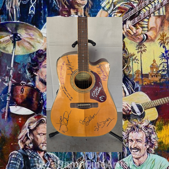 The Eagles Glen Frey Bernie Laeden, Joe Walsh, Don Henley, Don Felder, Randy Meisner w/ lyrics. vintage Silverton acoustic guitar