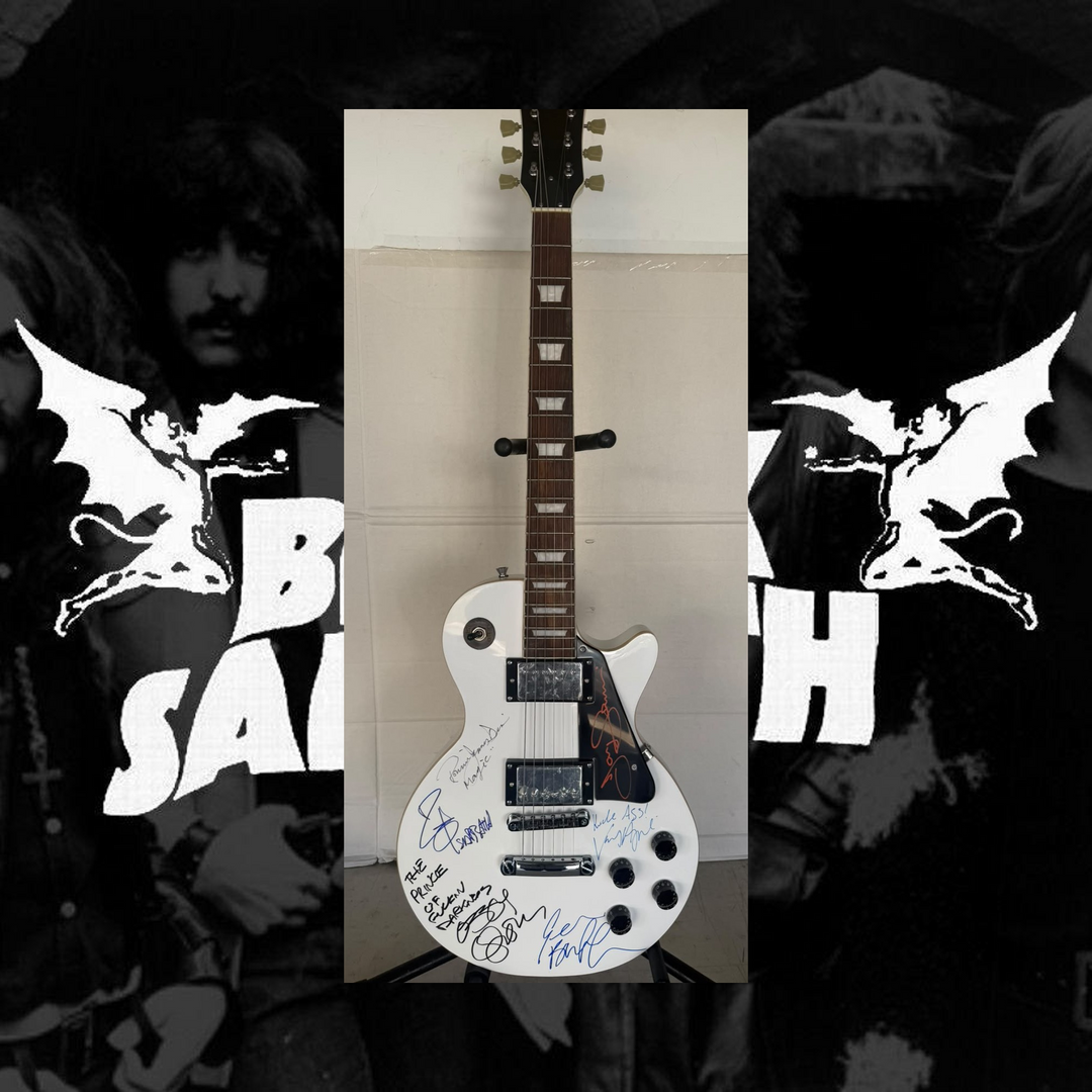 Black Sabbath Ozzy Osbourne Bill Ward Tony Iommi Geezer Butler Ronnie James Dio Vinny Appice white les paul electric guitar signed with photo proof and full provenance & CHAT GPT Authentication analysis - AA09260253 - image 1