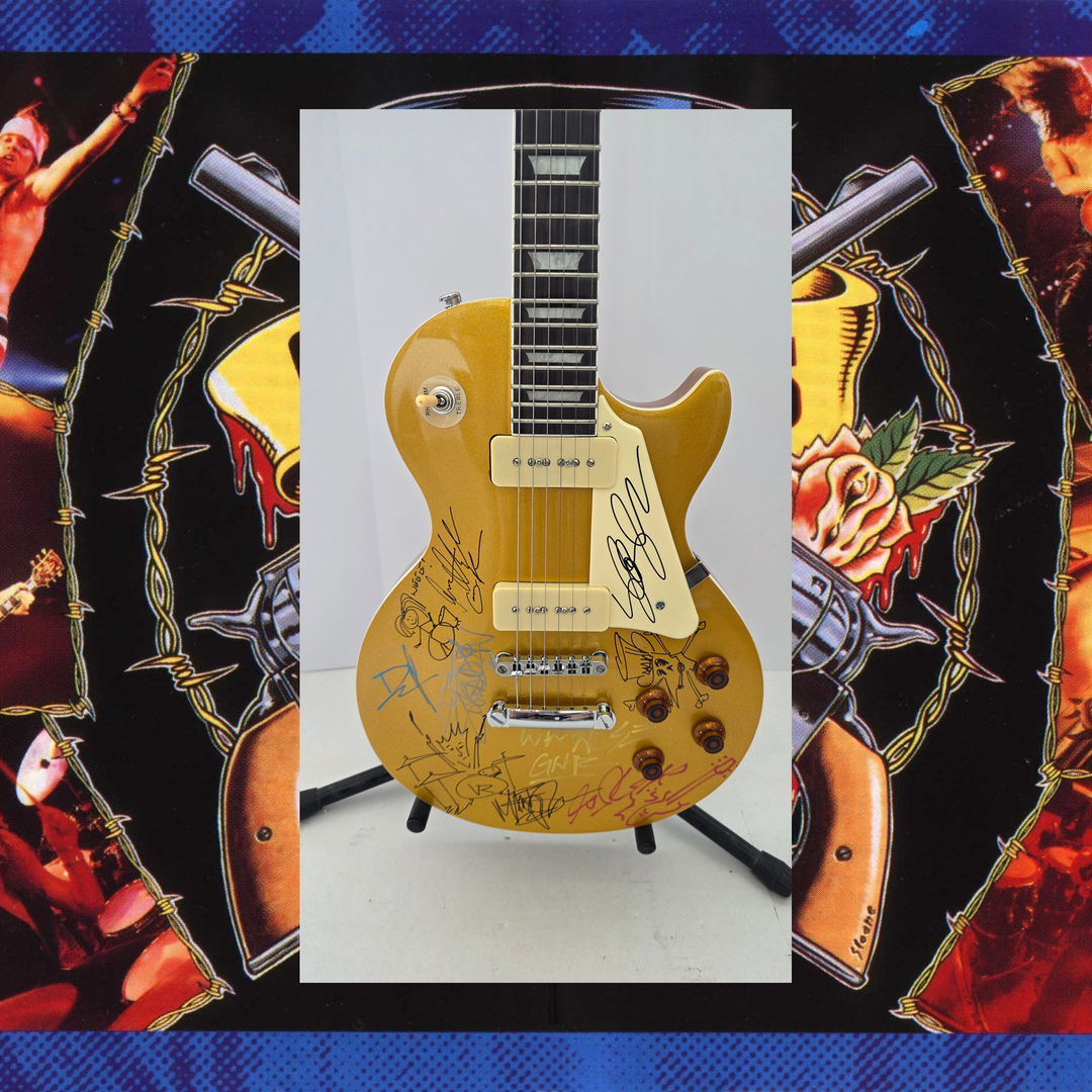 Guns N' Roses Slash, Axl Rose, Steven Adler with sketch, Matt Sorum with sketch, Izzy Stradlin and Gilby Clarke gold Les Paul full size vintage electric guitar signed with proof and full provenance & CHAT GPT Authentication analysis - AA09260195 - image 1