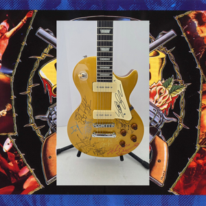 Guns N' Roses Slash, Axl Rose, Steven Adler with sketch, Matt Sorum with sketch, Izzy Stradlin and Gilby Clarke gold Les Paul full size vintage electric guitar signed with proof and full provenance & CHAT GPT Authentication analysis