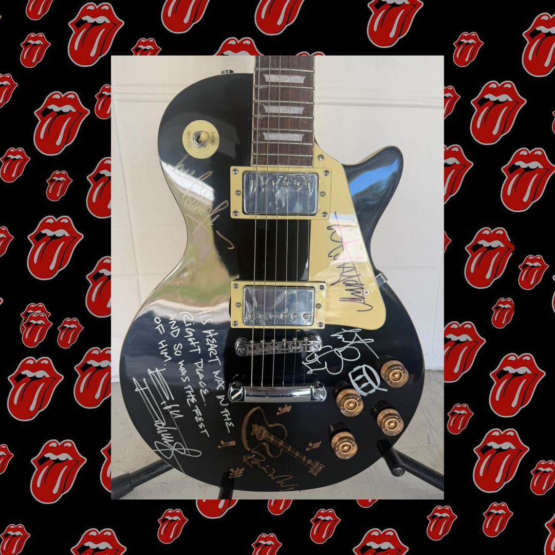 Rolling Stones Mick Jagger, Keith Richards, Bill Wyman, Charlie Watts & Ronnie Wood black vintage les paul signed with photo proof and full provenance & CHAT GPT Authentication analysis - AA09260255 - image 1