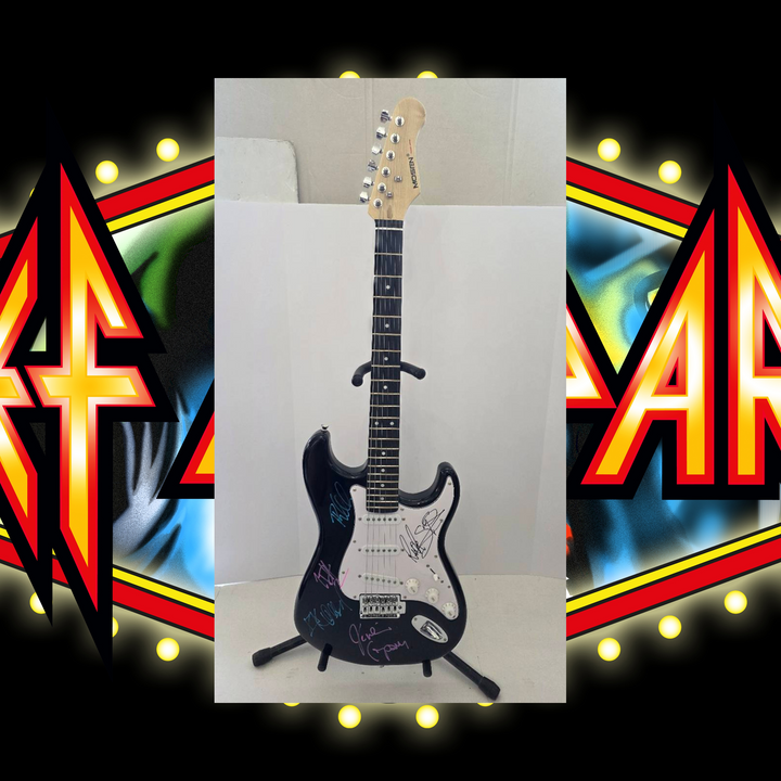 Def Leppard Joe Elliott, Rick Allen, Phil Collen, Vivian Campbell and Rick Savage black Stratocaster full size electric guitar signed with proof and full provenance & CHAT GPT Authentication analysis - AA09260192 - image 1