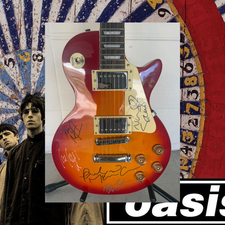 Noel Gallagher, Liam Gallagher, Paul "Bonehead" Arthurs, Paul "Guigsy" McGuigan and Alan White cherry les paul electric guitar signed with photo proof and full provenance & CHAT GPT Authentication analysis - AA09260259 - image 1