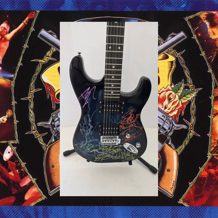 Guns N' Roses Axl Rose, Izzy Stradlin, Duff McKagan and Matt Sorum full size Lightning electric guitar signed with proof and full provenance & CHAT GPT Authentication analysis - AA09260177 - image 1