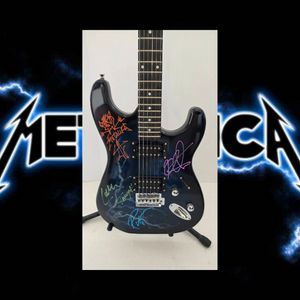 Metallica James Hetfield, Lars Ulrich, Robert Trujillo and Kirk Hammett full size Lightning electric guitar signed with proof and full provenance & CHAT GPT Authentication analysis