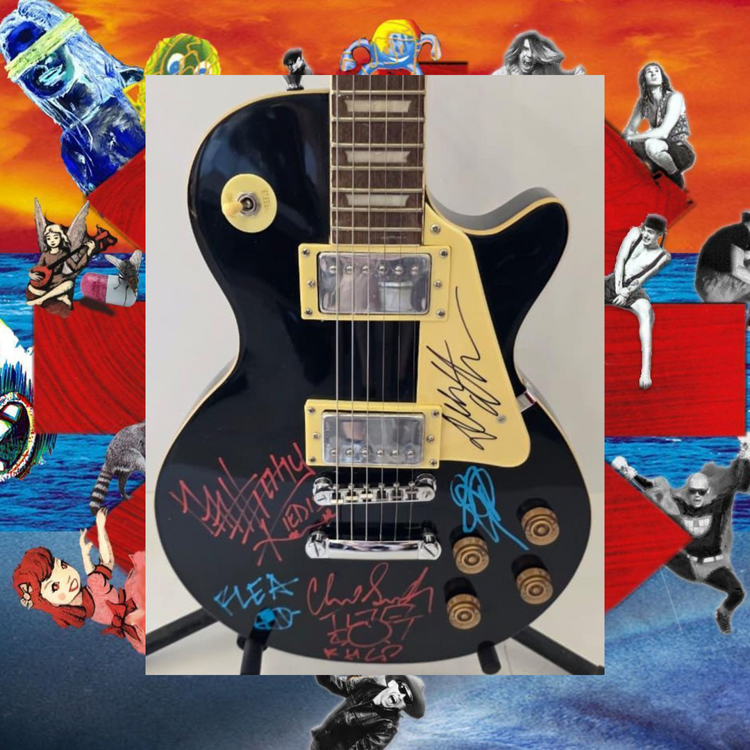 Red Hot Chili Peppers, Anthony Kiedis, Flea, John Frusciante, Chad Smith, Dave Navarro vintage black les paul electric guitar signed with photo proof and full provenance & CHAT GPT Authentication analysis - AA0926081 - image 1