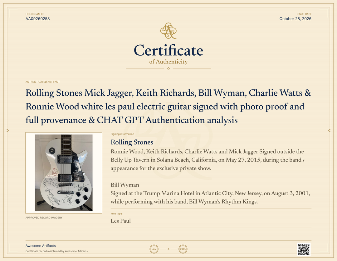 Rolling Stones Mick Jagger, Keith Richards, Bill Wyman, Charlie Watts & Ronnie Wood white les paul electric guitar signed with photo proof and full provenance & CHAT GPT Authentication analysis - AA09260258 - image 10
