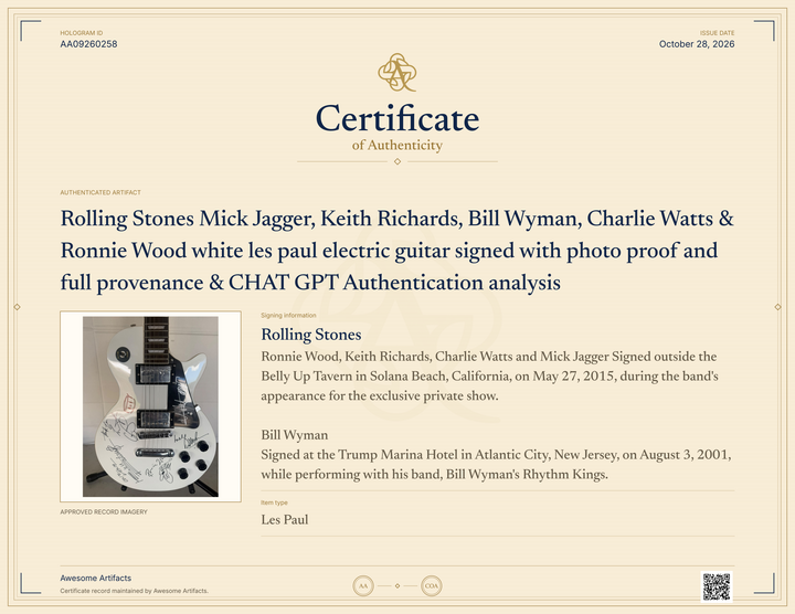 Rolling Stones Mick Jagger, Keith Richards, Bill Wyman, Charlie Watts & Ronnie Wood white les paul electric guitar signed with photo proof and full provenance & CHAT GPT Authentication analysis - AA09260258 - image 10