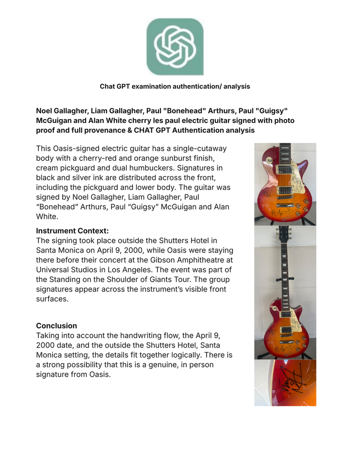 Noel Gallagher, Liam Gallagher, Paul "Bonehead" Arthurs, Paul "Guigsy" McGuigan and Alan White cherry les paul electric guitar signed with photo proof and full provenance & CHAT GPT Authentication analysis - AA09260259 - image 10