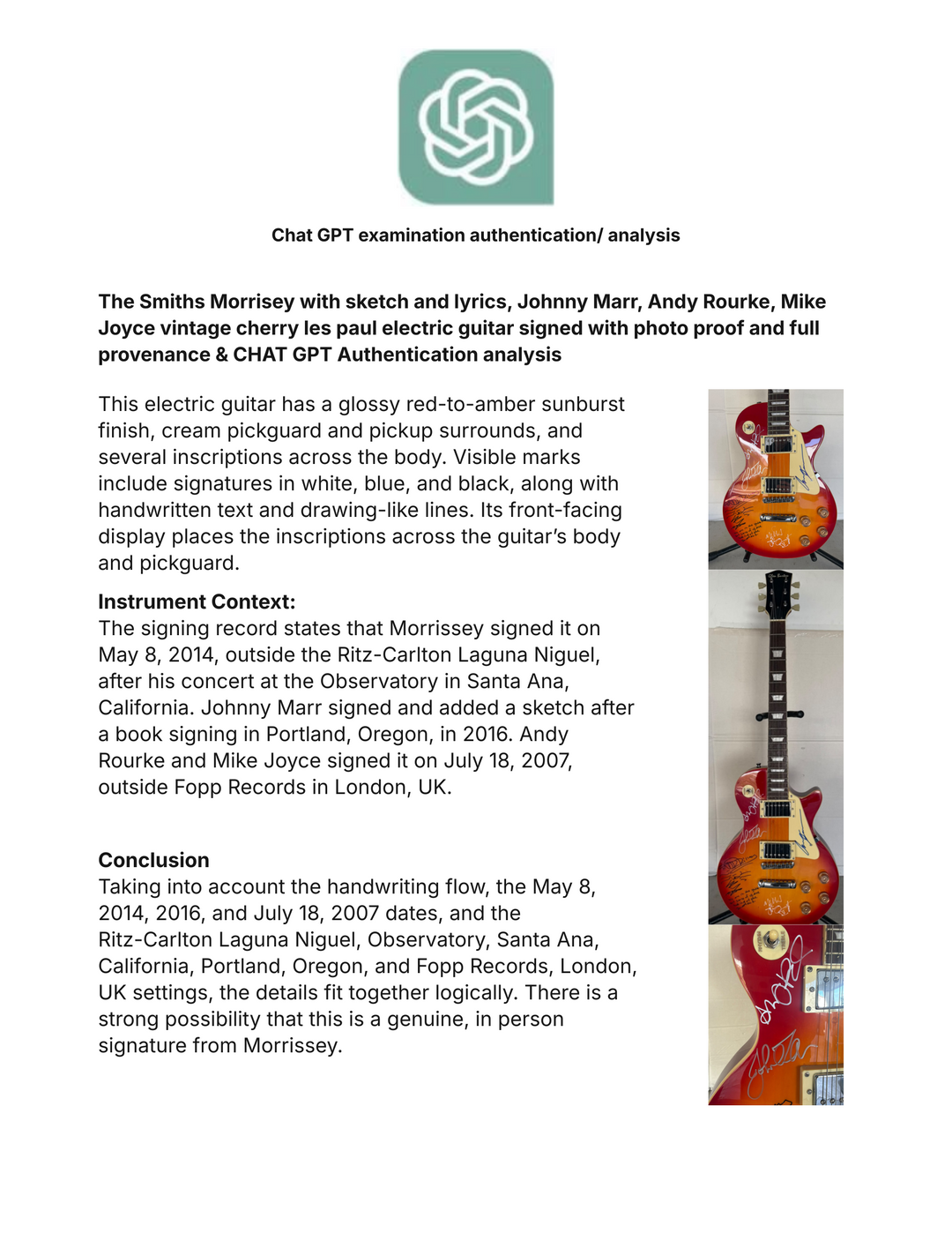 The Smiths Morrisey with sketch and lyrics, Johnny Marr, Andy Rourke, Mike Joyce vintage cherry les paul electric guitar signed with photo proof and full provenance & CHAT GPT Authentication analysis - AA09260250 - image 10