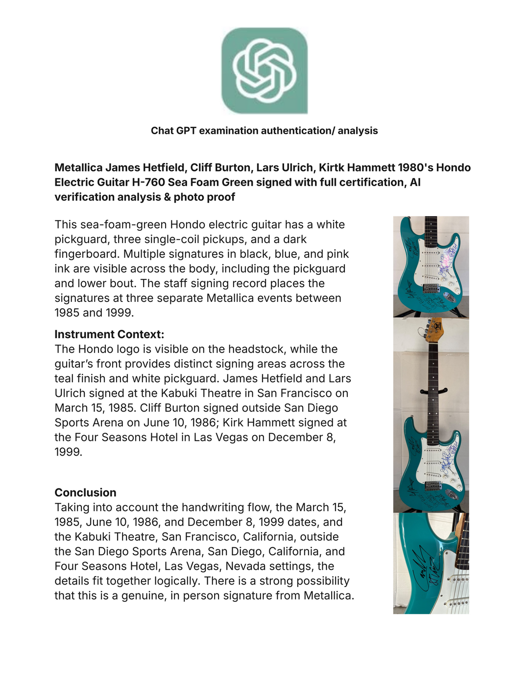 Metallica James Hetfield, Cliff Burton, Lars Ulrich, Kirtk Hammett 1980's Hondo Electric Guitar H-760 Sea Foam Green signed with full certification, AI verification analysis & photo proof - AA092607 - image 10
