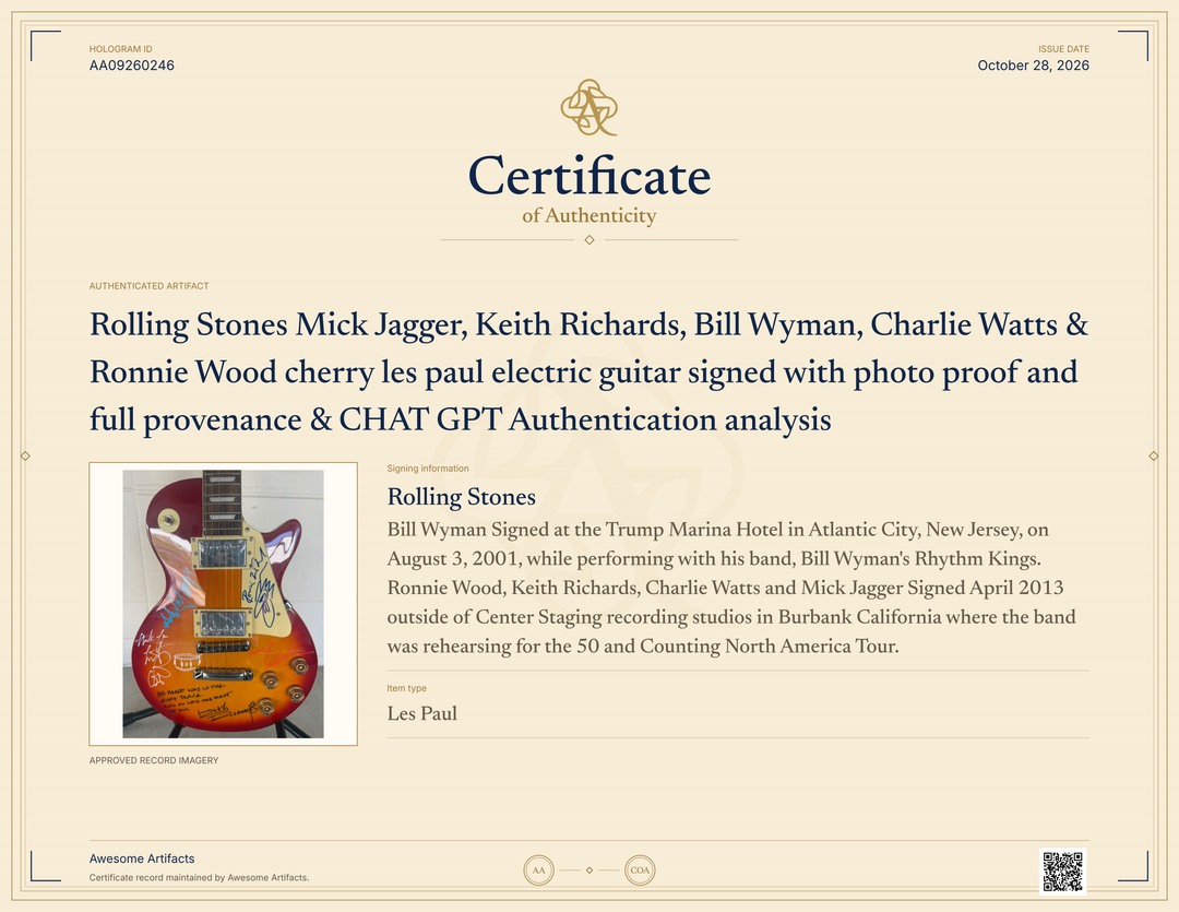 Rolling Stones Mick Jagger, Keith Richards, Bill Wyman, Charlie Watts & Ronnie Wood cherry les paul electric guitar signed with photo proof and full provenance & CHAT GPT Authentication analysis - AA09260246 - image 10