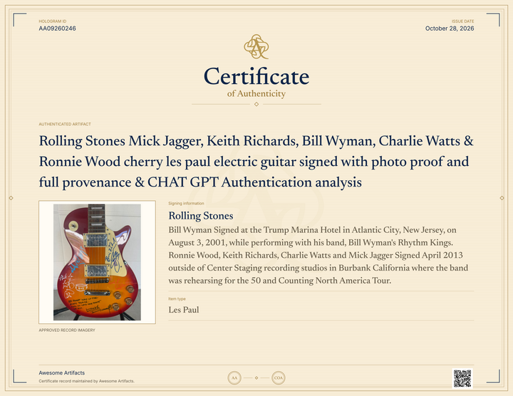 Rolling Stones Mick Jagger, Keith Richards, Bill Wyman, Charlie Watts & Ronnie Wood cherry les paul electric guitar signed with photo proof and full provenance & CHAT GPT Authentication analysis - AA09260246 - image 10