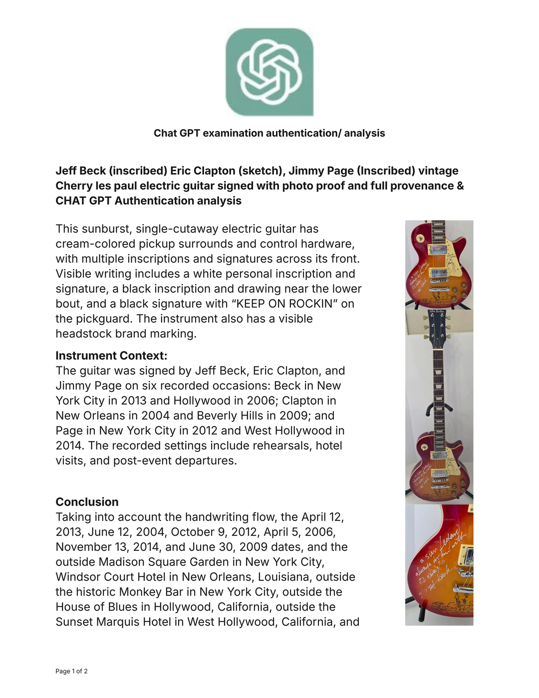 Jeff Beck (inscribed) Eric Clapton (sketch), Jimmy Page (Inscribed)  vintage Cherry les paul electric guitar signed with photo proof and full provenance & CHAT GPT Authentication analysis - AA0926089 - image 10