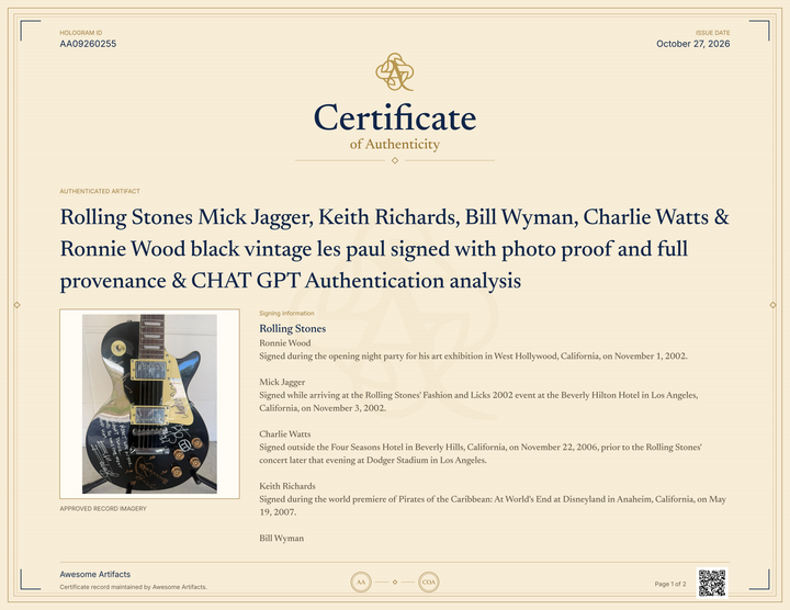 Rolling Stones Mick Jagger, Keith Richards, Bill Wyman, Charlie Watts & Ronnie Wood black vintage les paul signed with photo proof and full provenance & CHAT GPT Authentication analysis - AA09260255 - image 10