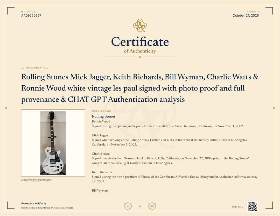Rolling Stones Mick Jagger, Keith Richards, Bill Wyman, Charlie Watts & Ronnie Wood white vintage les paul signed with photo proof and full provenance & CHAT GPT Authentication analysis - AA09260257 - image 10