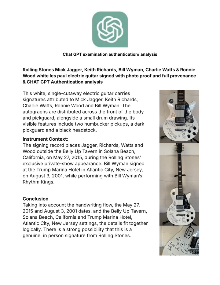 Rolling Stones Mick Jagger, Keith Richards, Bill Wyman, Charlie Watts & Ronnie Wood white les paul electric guitar signed with photo proof and full provenance & CHAT GPT Authentication analysis - AA09260258 - image 11
