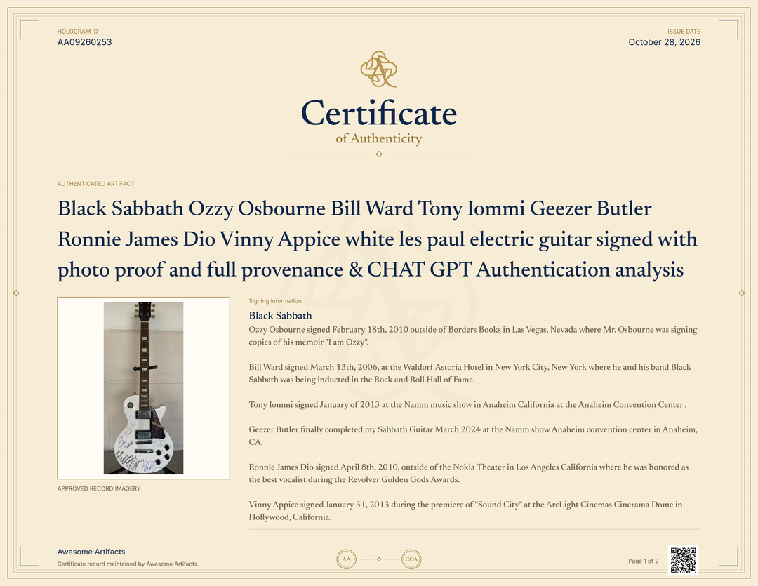 Black Sabbath Ozzy Osbourne Bill Ward Tony Iommi Geezer Butler Ronnie James Dio Vinny Appice white les paul electric guitar signed with photo proof and full provenance & CHAT GPT Authentication analysis - AA09260253 - image 11