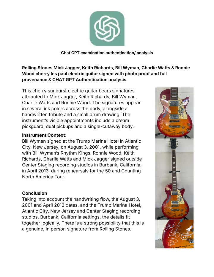 Rolling Stones Mick Jagger, Keith Richards, Bill Wyman, Charlie Watts & Ronnie Wood cherry les paul electric guitar signed with photo proof and full provenance & CHAT GPT Authentication analysis - AA09260246 - image 11