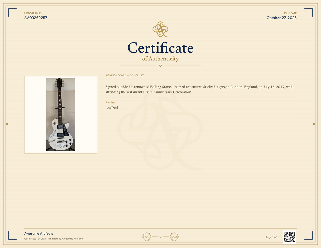 Rolling Stones Mick Jagger, Keith Richards, Bill Wyman, Charlie Watts & Ronnie Wood white vintage les paul signed with photo proof and full provenance & CHAT GPT Authentication analysis - AA09260257 - image 11