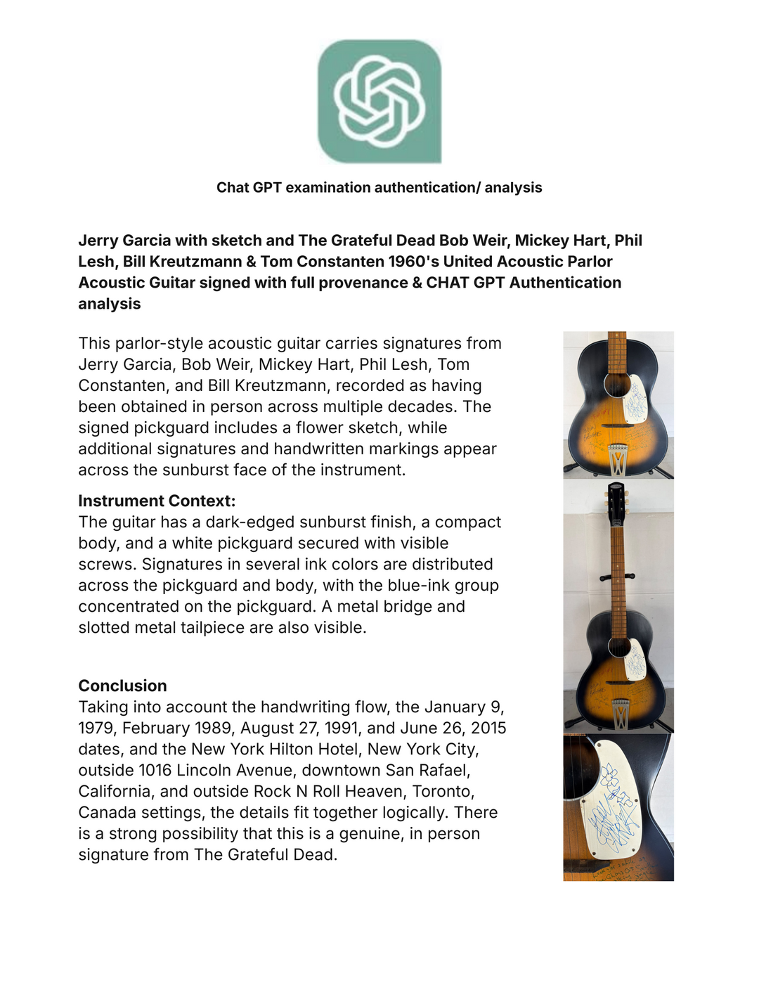 Jerry Garcia with sketch and The Grateful Dead Bob Weir, Mickey Hart, Phil Lesh, Bill Kreutzmann & Tom Constanten 1960's United Acoustic Parlor Acoustic Guitar signed with full provenance & CHAT GPT Authentication analysis - AA09260118 - image 11