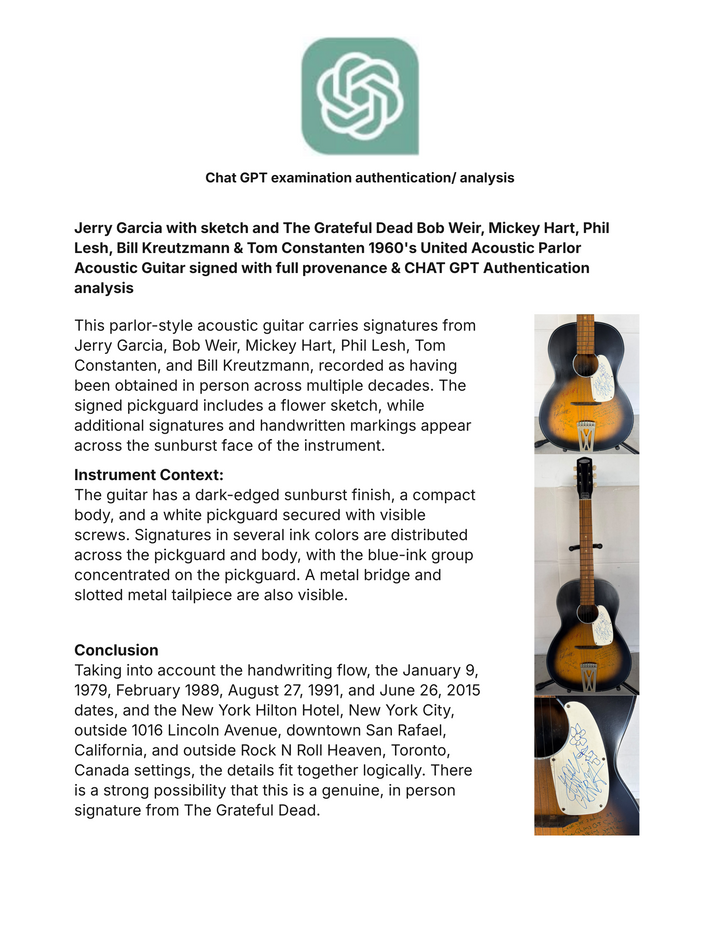 Jerry Garcia with sketch and The Grateful Dead Bob Weir, Mickey Hart, Phil Lesh, Bill Kreutzmann & Tom Constanten 1960's United Acoustic Parlor Acoustic Guitar signed with full provenance & CHAT GPT Authentication analysis - AA09260118 - image 11
