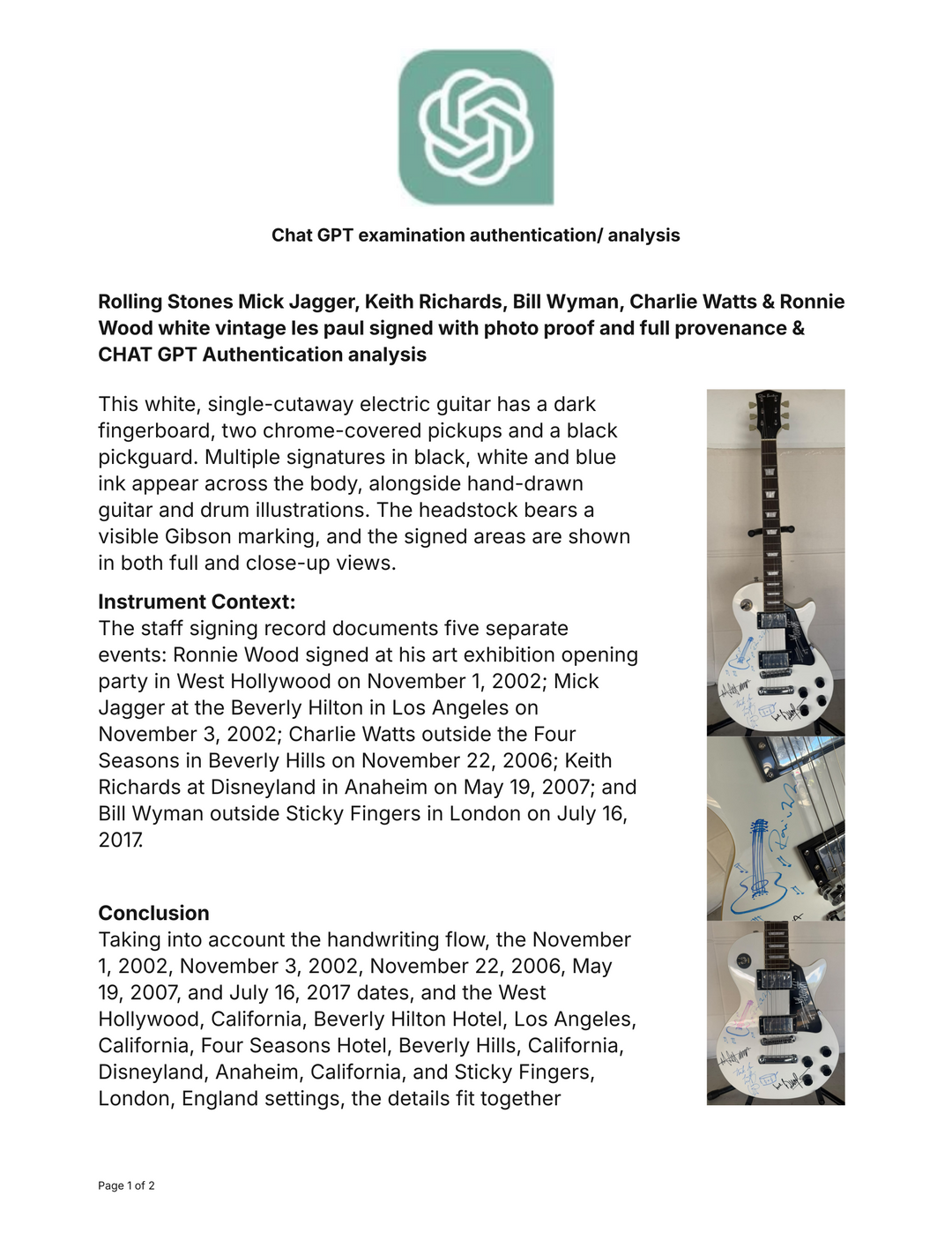 Rolling Stones Mick Jagger, Keith Richards, Bill Wyman, Charlie Watts & Ronnie Wood white vintage les paul signed with photo proof and full provenance & CHAT GPT Authentication analysis - AA09260257 - image 12